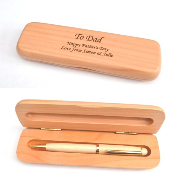 Maple engraved pen box & wooden pen